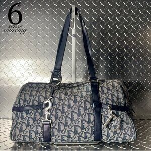 Dior Vintage Oblique Canvas an Leather Logo Charm Boston Bag in Blue